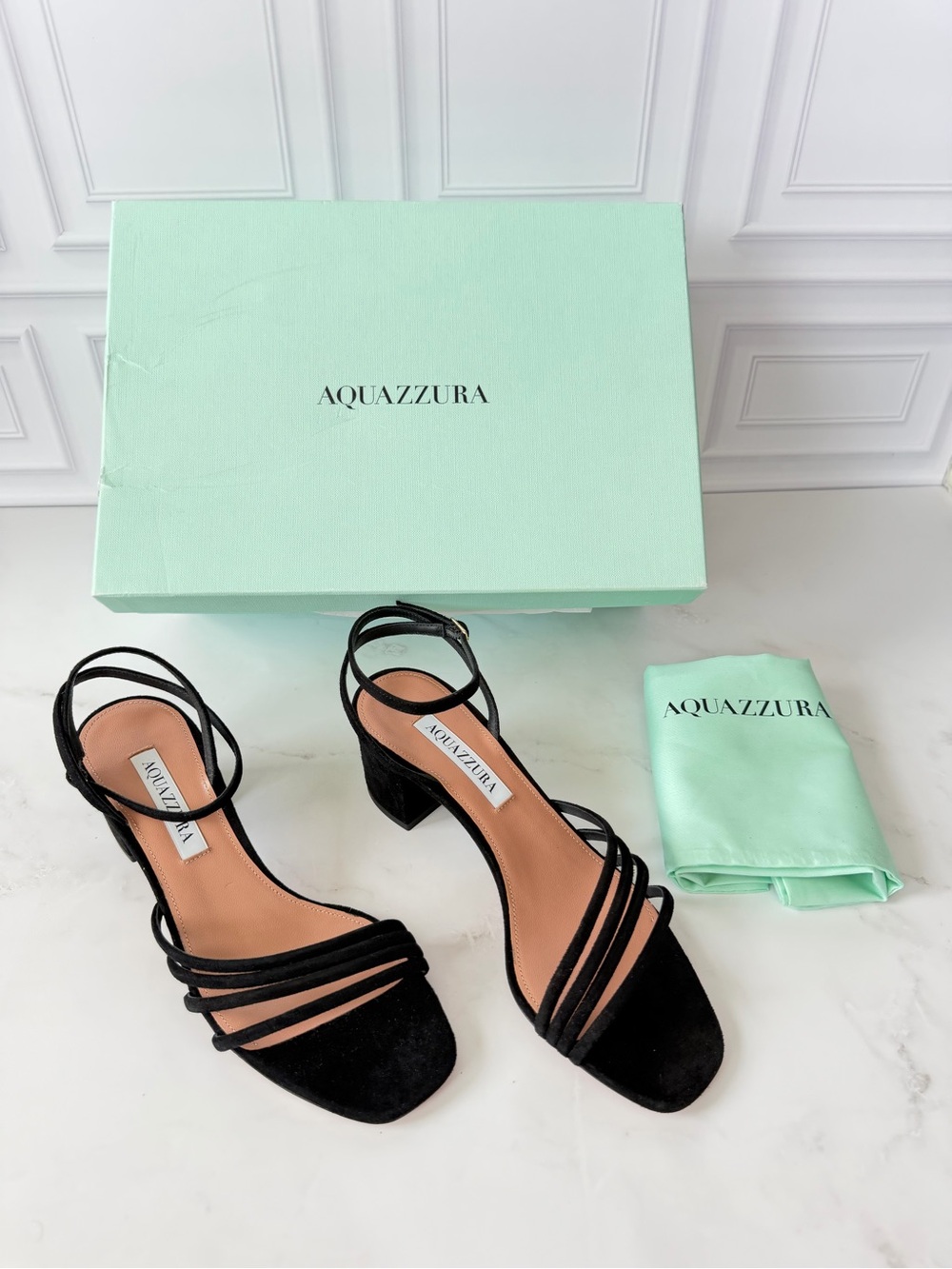 Aquazzura Latour Sandal 50 Black Suede Strappy Block Heel Sandals EU 37 US 7